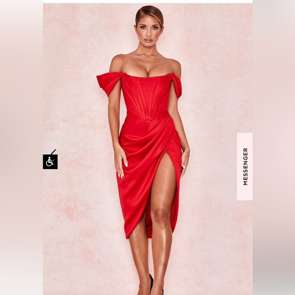 House of CB Loretta Off the Shoulder Satin Corset Dress, Red, Size S